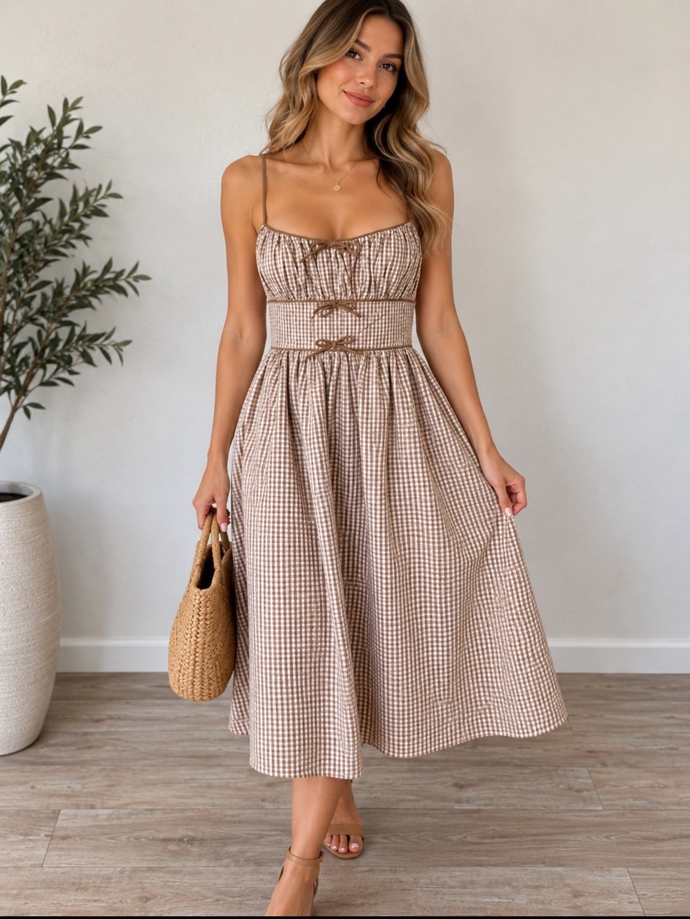 House of Harlow 1960 Beige Gingham Smocked Midi Dress